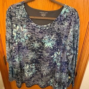 Coldwater Creek Women's Navy and Teal Patterned Long Sleeve Top